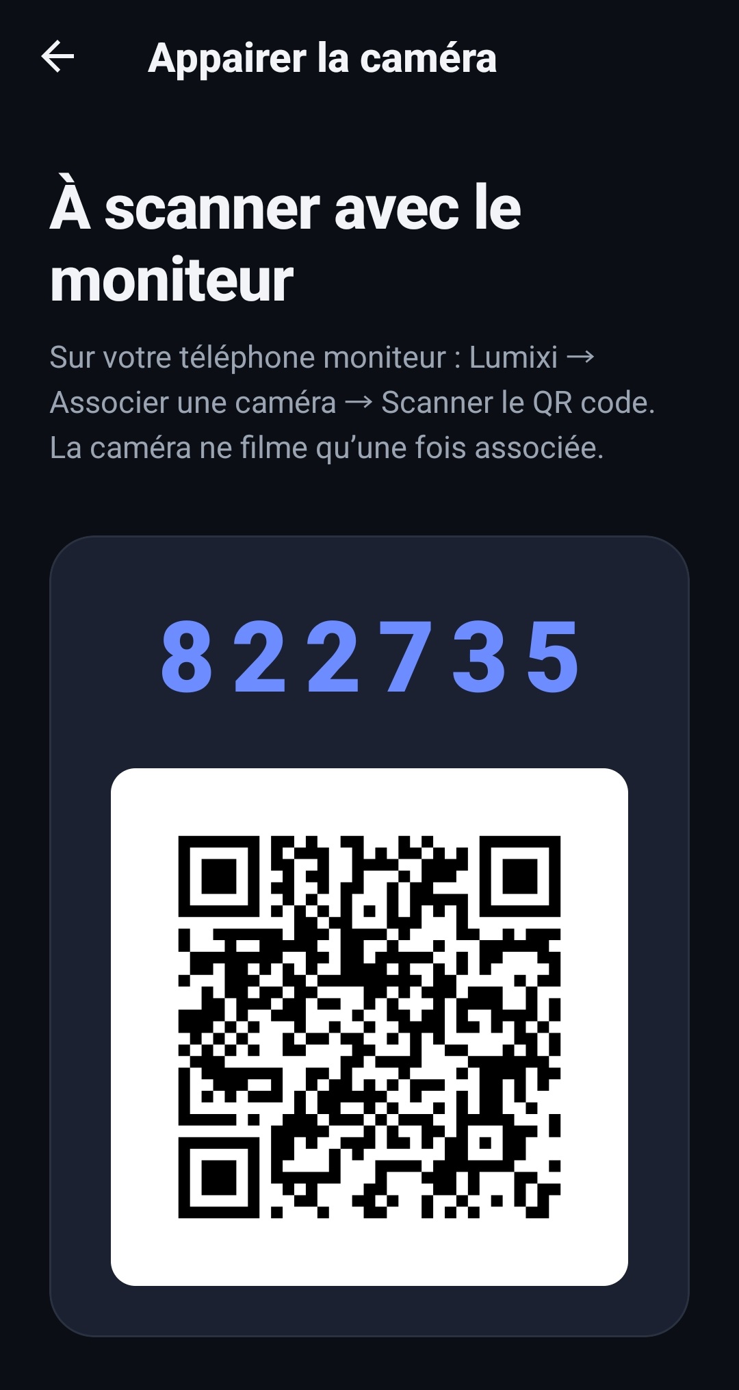 QR d’appairage Lumixi sur un téléphone Caméra